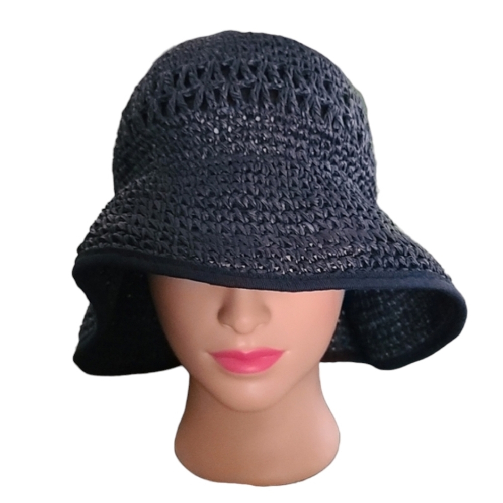 VINTAGE HAWAII Navy Blue Floppy Paper Hat Wide Brim Derby Packable Deadstock - Picture 8 of 15
